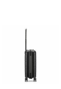 Black hard-shell suitcase featuring a sleek design, vertical grooves, a telescopic handle, and four wheels for easy mobility.