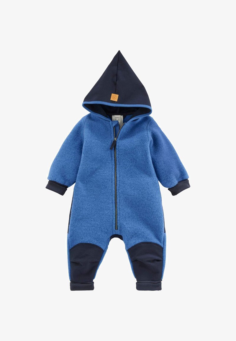 Blauer Fleece-einteiliger Overall mit Kapuze, marinefarbigen Akzenten, langen Ärmeln, Reißverschluss und verstärkten Kniefeldern. Weicher Textil und strapazierfähiges Design.