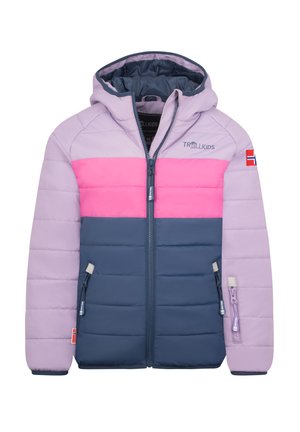 Padded Jacke mit Kapuze, Reißverschluss vorne und Seitentaschen. Farbige Blockierung in helllila, pink und dunkelblau mit Markenlogo.