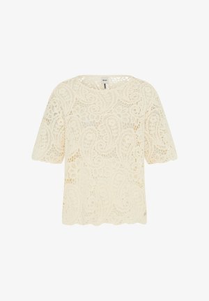 Krem kortærmet blondebluse med blomster- og paisleymønstre, rund halsudskæring og bølget kant fra Brax.