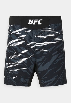 Sorte mønstrede shorts med en blanding af mørkegrå, lysegrå og hvide abstrakte designs. Elastisk talje med et UFC-logo i hvid.