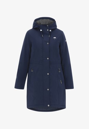 Navy blue waterproof coat with a hood, featuring silver hardware, two side pockets, and a logo accent on the chest. Smooth texture.