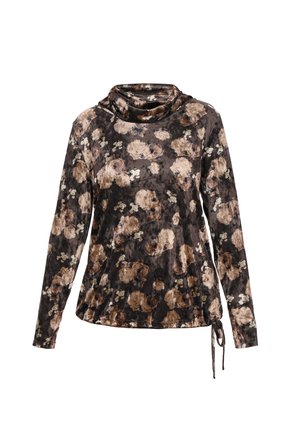 Camiseta de manga larga en una suave tela oscura con un estampado floral en tonos beige y marrón, con cuello de barco y un lazo ajustable en el dobladillo.