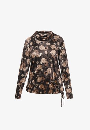 Hosszú ujjú felső puha, sötét anyagból, bézs és barna árnyalatú virágmintával, gallér nélküli nyakkal és állítható kötőszállal az alján.