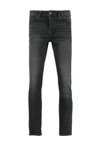 Black denim jeans with a slim fit, featuring a button and zipper closure, five pockets, and subtle fading near the front and back.