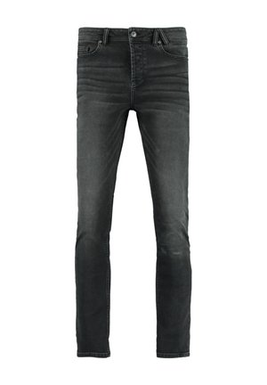 Jeans in denim nero con una vestibilità slim, dotati di chiusura con bottone e zip, cinque tasche e leggere sfumature sul davanti e sul retro.
