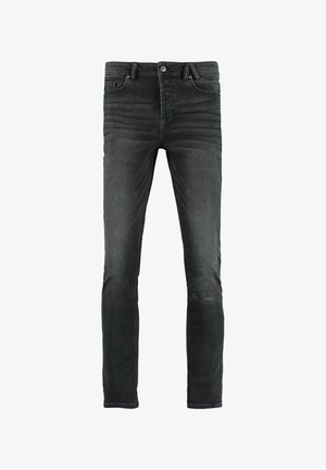 Schwarze Denim-Jeans im Slim-Fit-Stil, mit einem Knopf- und Reißverschluss, fünf Taschen und dezenten Verfärbungen an der Vorder- und Rückseite.