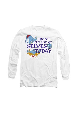 White long-sleeve shirt featuring colorful cartoon illustrations with text: "I DON'T FEEL LIKE MY SELVES TODAY." Graphics include humorous characters.