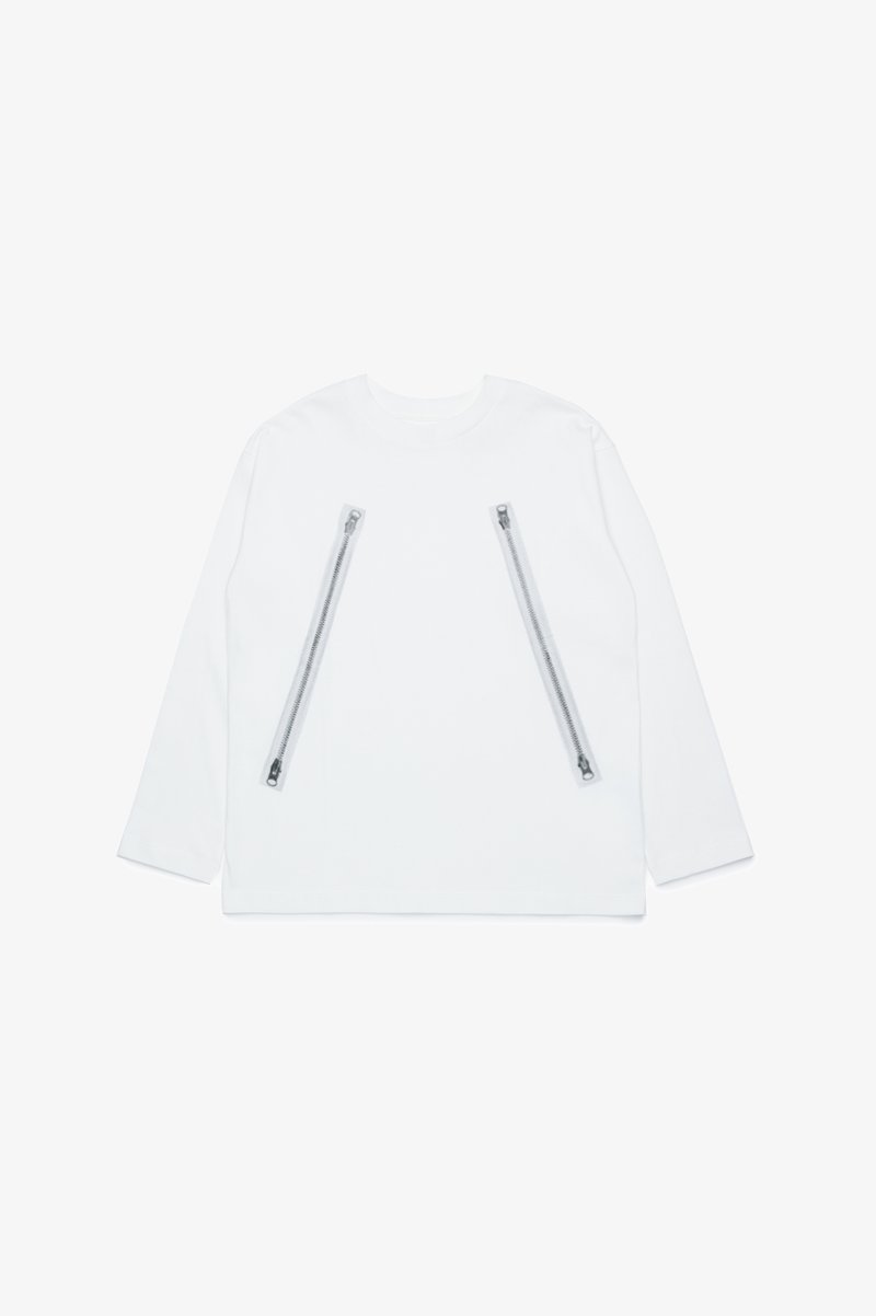 Witte lange mouwen overhemd van zachte stof, met twee contrasterende ritsen aan de voorkant, voorzien van een klassieke ronde hals en een ontspannen pasvorm.