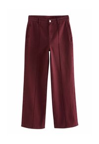 Pantaloni a gamba larga di un profondo colore bordeaux, realizzati in cotone, con tasche frontali e chiusura con zip e dettaglio di bottone.