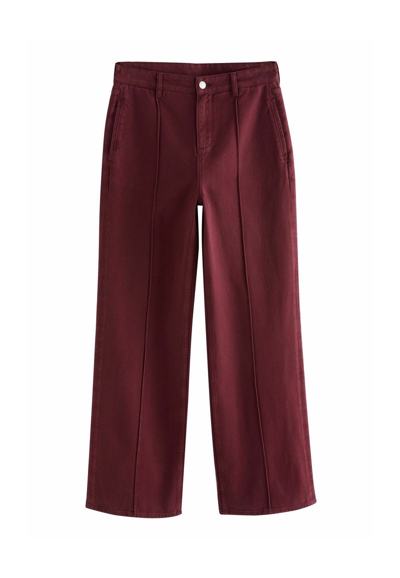 Pantaloni a gamba larga di un profondo colore bordeaux, realizzati in cotone, con tasche frontali e chiusura con zip e dettaglio di bottone.