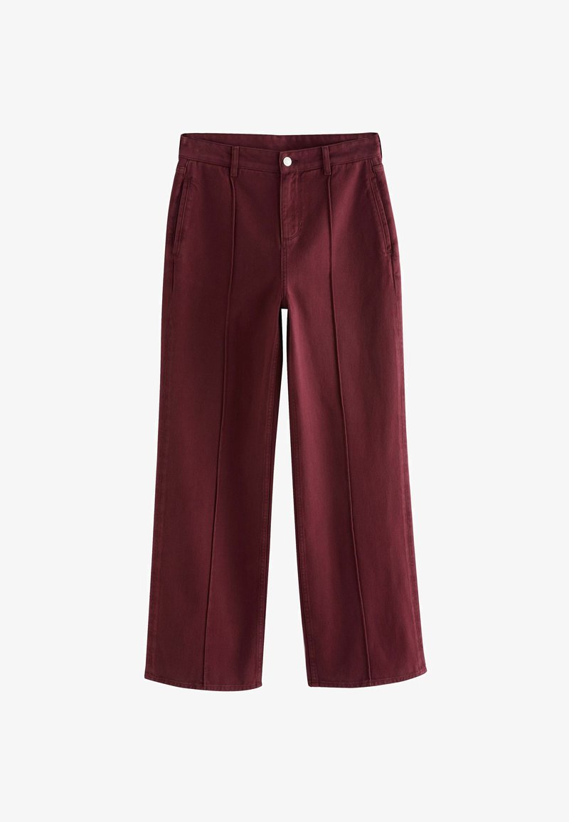 Pantaloni a gamba larga di un profondo colore bordeaux, realizzati in cotone, con tasche frontali e chiusura con zip e dettaglio di bottone.