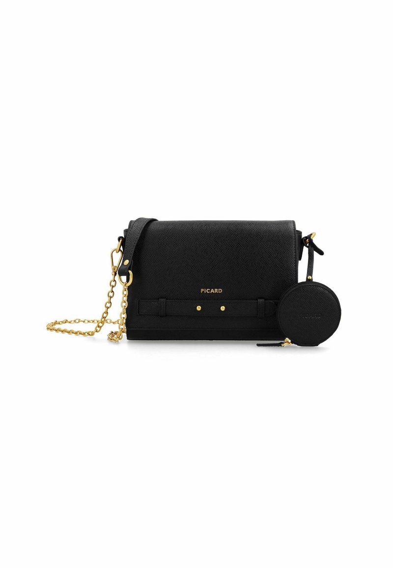 Borsa a tracolla in pelle nera con hardware dorato, finitura testurizzata, tracolla regolabile e borsellino rotondo staccabile. Logo "PICARD" in evidenza.