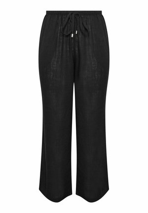 Black linen wide-leg pants with an elastic waistband and drawstring ties. Soft texture and lightweight design. No additional patterns or accents.