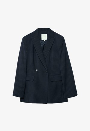 Dubla plava mornarska jakna s prugama, s izrezanim reverima, dva prednja džepa sa preklopom i dva crna gumba.