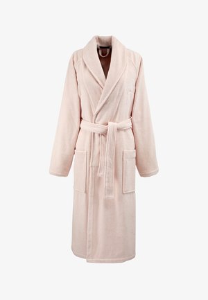 Accappatoio in spugna rosa chiaro con maniche lunghe, collo a scialle, due tasche frontali e cintura da annodare in vita.