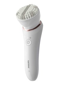 Brosse nettoyante pour le visage Philips avec une tête de poils ronde et blanche et un manche ergonomique blanc équipé d'un bouton d'alimentation et d'indicateurs de mode.