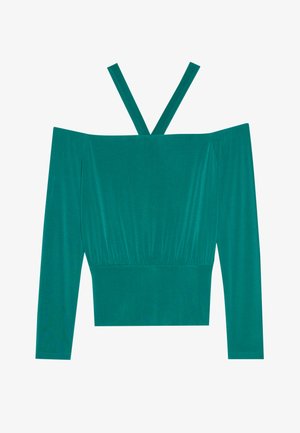 Top teal con scollo off-the-shoulder e maniche lunghe, caratterizzato da una vita arricciata e due sottili spalline. Realizzato in un tessuto liscio e elasticizzato.