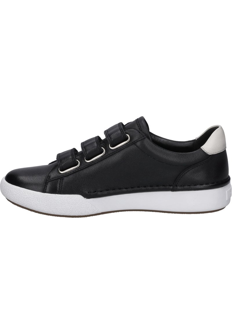 Sneaker in pelle nera con tre cinturini regolabili, suola bianca testurizzata, parte superiore liscia e un accentuo contrastante di grigio chiaro sul tallone.