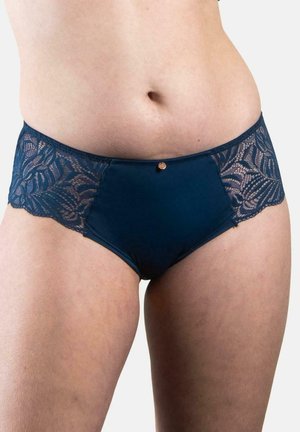 Sous-vêtements hipster bleu marine avec des détails en dentelle le long de la taille, en tissu lisse, et un petit accent métallique à l'avant.