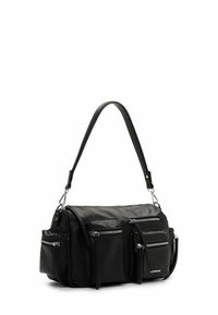 Black leather handbag with multiple zippered pockets, adjustable shoulder strap, and smooth texture. Compact rectangular shape, minimal hardware.
