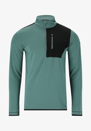 Grüner Langarmpullover mit einem halben Reißverschluss, ausgestattet mit einem schwarzen Brustpanel und einer Reißverschlusstasche. Glatter Stoff mit kontrastierenden Akzenten.