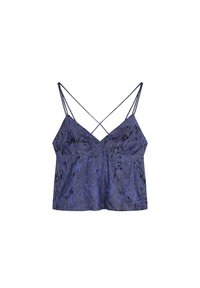 Paarse satijnen camisole met bloemmotief, voorzien van dunne, gekruiste bandjes en een lichte A-lijn vorm, met een zachte, gestructureerde oppervlakte.
