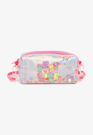 Trousse de maquillage transparente avec fermetures éclair roses, décor coloré en paillettes à l'intérieur, et texte "BEST LIFE" en lettres brillantes et audacieuses.