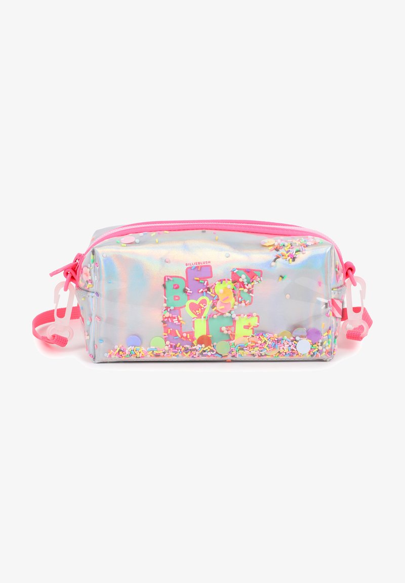 Διαφανές καλλυντικό τσαντάκι με ροζ φερμουάρ, πολύχρωμη διακοσμητική επικάλυψη μέσα και κείμενο «BEST LIFE» με φωτεινά, έντονα γράμματα.
