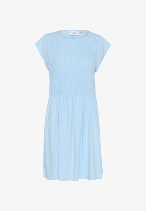 Rochie de culoare albastru deschis, confecționată dintr-un material moale. Prezintă un corset împăturit, mâneci scurte și largi, și o fustă evazată. Textură netedă pe toată suprafața.