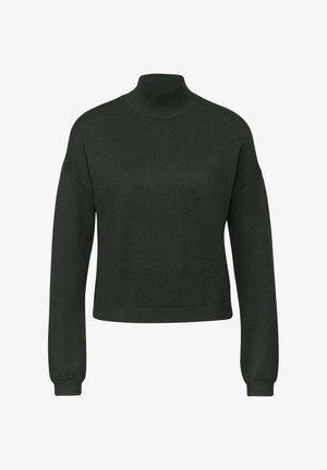 Pull à col roulé vert foncé en tissu doux, avec une coupe décontractée, des manches longues et des bords côtelés.