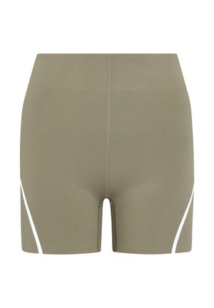 Olivinės spalvos šortai, pagaminti iš tamprus medžiagos su glotniu tekstūru, puošti baltais akcentų dryžiais šonuose ir aukštu liemeniu.