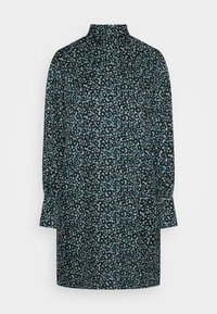 Robe à manches longues en tissu léger, avec un fond noir et des motifs floraux bleus et blancs, col haut et coupe ample.