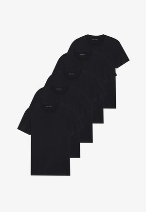 Pakka viisi mustaa crew-neck t-paitaa. Lyhyet hihat, puuvillakangasta, normaali istuvuus. Suloinen rakenne ilman näkyviä kuvioita tai koristeita.