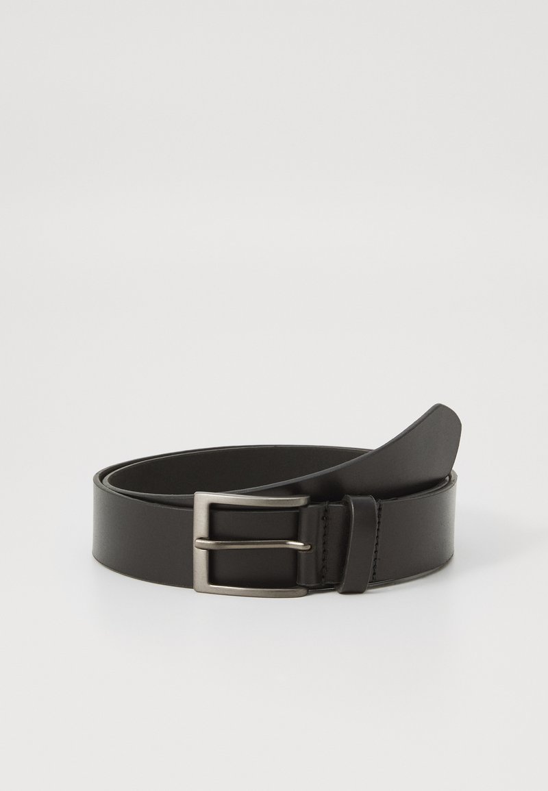 Black leather belt rolled up with a rectangular silver metal buckle on a plain white background.