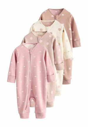 Négy babaruha puha pamutból; színek: rózsaszín, krém és bézs. Minták: felhők és pöttyök. Elöl zipzáros záródás.