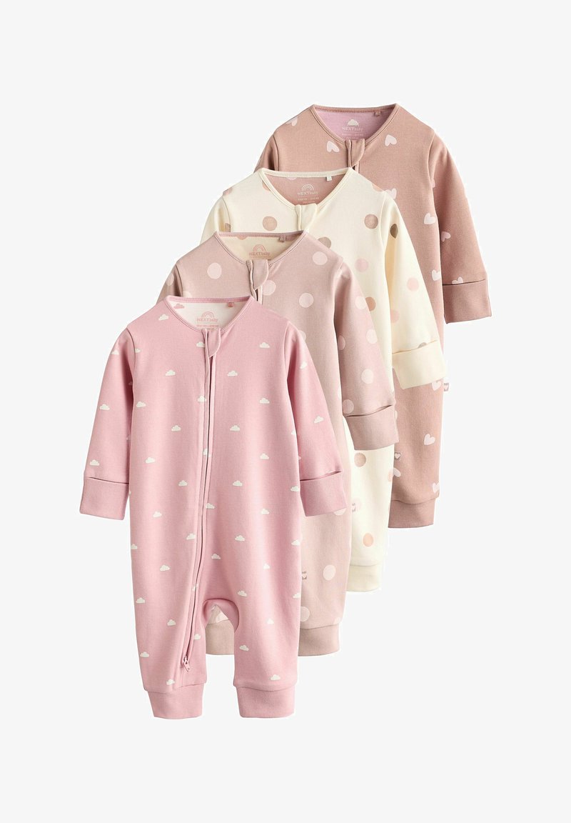 Quatre bodies pour bébé en coton doux ; les couleurs incluent rose, crème et beige. Les motifs présentent des nuages et des pois. Fermeture éclair à l'avant.