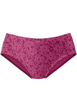 Purple cotton women's briefs with a leaf pattern in a lighter shade. Features a scalloped waistband and slight sheen finish.