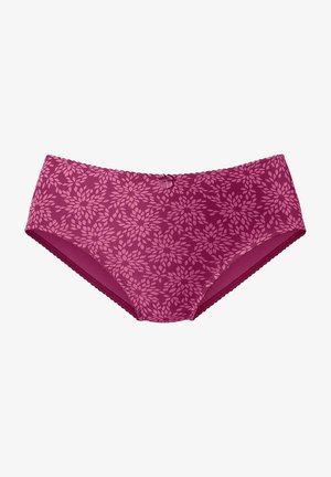 Purple cotton women's briefs with a leaf pattern in a lighter shade. Features a scalloped waistband and slight sheen finish.