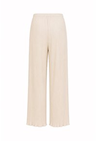 Pantalon beige à jambes larges avec plis verticaux et taille élastique, avec un ourlet légèrement froncé.