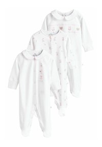 Ensemble de trois bodys blancs pour bébé avec des accents et des motifs roses. Les caractéristiques incluent des cols ronds, des manches longues et des fermetures à pression.