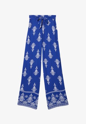 Pantalons à jambe large en tissu bleu royal avec des motifs blancs complexes et une taille à nouer. Texture douce avec poches.