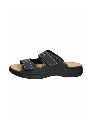 Black open-toe sandal with two adjustable hook-and-loop straps and a cushioned beige footbed on a thick black sole.