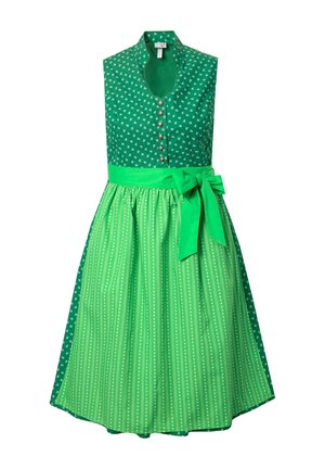 Vihreä mekko, jossa on muotoiltu vartalo, kukkakuosi ja nappikiinnitys. Vaatteen muotoilua korostaa pleated-raitojen hame ja sopiva vyö.