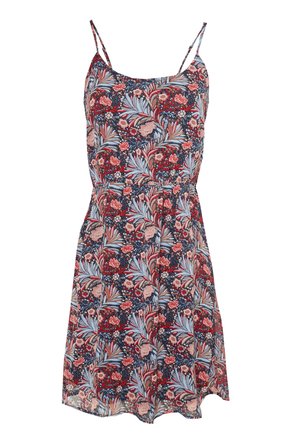 Ärmelloses Kleid mit Blumenmuster, dünnen Trägern, tailliertem Schnitt und einer Mischung aus roten, blauen, rosa und beigen Blumen auf dunklem Hintergrund.