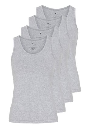 Vier graue Baumwoll-Tanktops mit breiten Trägern und einem runden Ausschnitt. Weicher Stoff und nahtlose Seiten für hohen Tragekomfort.