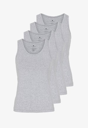 Vier graue Baumwoll-Tanktops mit breiten Trägern und einem runden Ausschnitt. Weicher Stoff und nahtlose Seiten für hohen Tragekomfort.