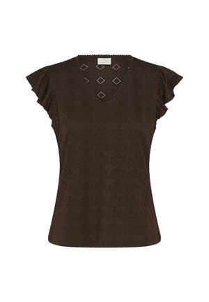 Blouse marron à manches courtes avec col en V, manches volantées et tissu texturé à motif losange.