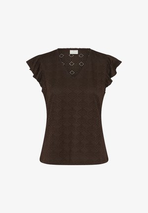 Blouse marron à manches courtes avec col en V, manches volantées et tissu texturé à motif losange.