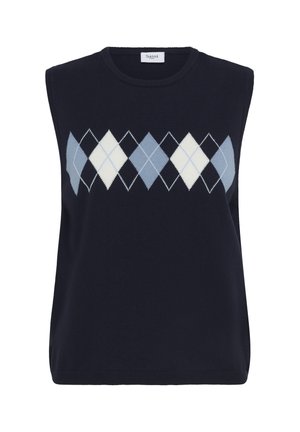 Gilet senza maniche blu navy con motivo argyle a rombi bianchi, azzurri e blu scuro sul petto.